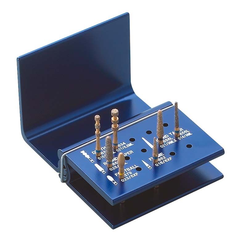 DIATECH Porzellan-Veneer-Kit mit verschiedenen rotierenden Instrumenten in blauem Halter.