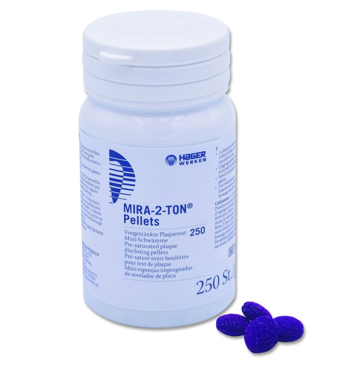 Mira-2-Ton Pellets in weißer Flasche mit blauen Mini-Schwämmen.