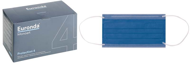 Monoart Mundschutz Pro 4 in Capri-Blau mit Verpackung und Gummizug.
