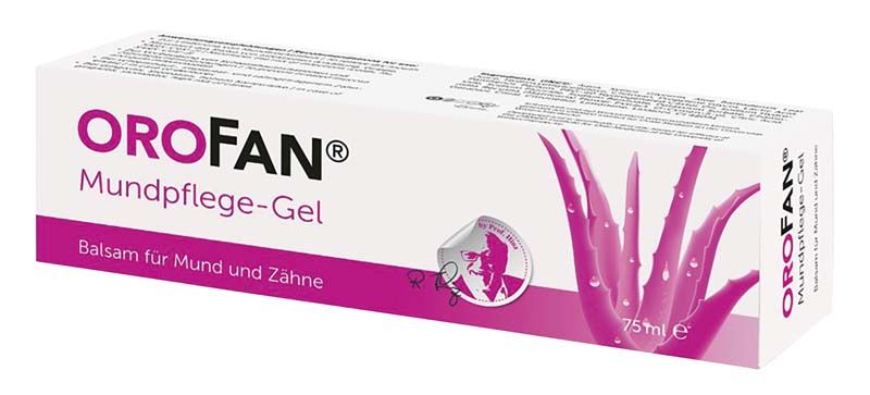 OROFAN® Mundpflege-Gel Tube 75ml in weißer Verpackung mit lila Akzenten.