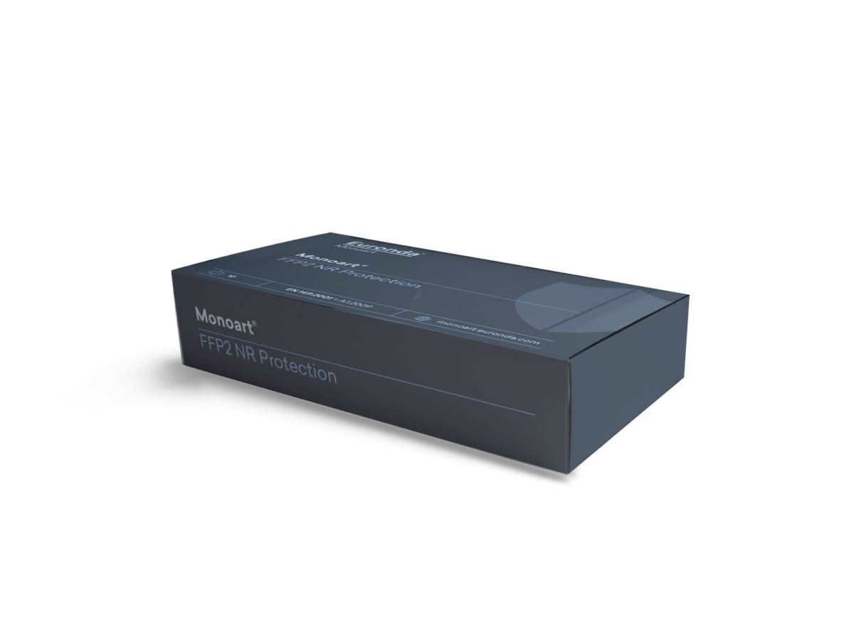 Monoart FFP2 NR Schutzmaske in schwarzer Verpackung mit Produktinformationen.