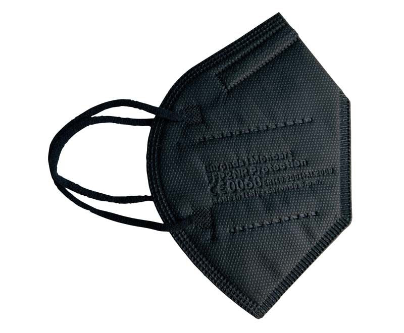 Monoart FFP2 NR Schutzmaske schwarz mit weichen Ohrbändern.