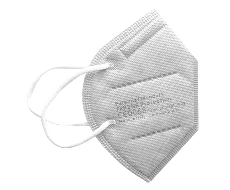 Monoart FFP2 NR Schutzmaske weiß mit CE-Zertifizierung und weichen Ohrbändern.