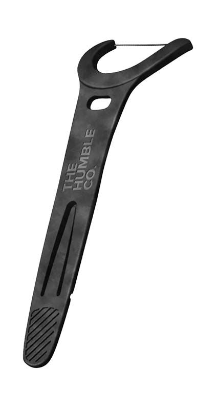 Schwarzer Humble Floss Pick mit Griff und Aktivkohle.
