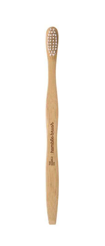 Humble Brush Zahnbürste mit mittelhartem weißen Kopf und ergonomischem Holzgriff.