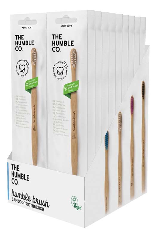 Zahnbürstenständer mit Humble Brush Bambuszahnbürsten in verschiedenen Farben.