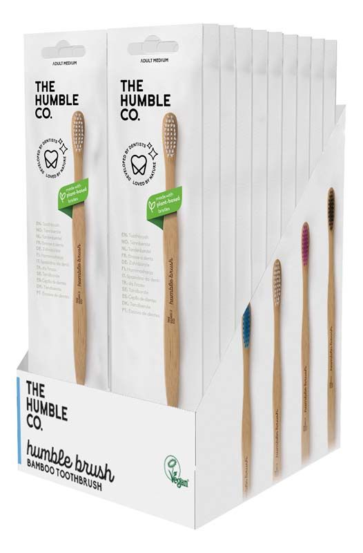 Zahnbürsten-Display mit Humble Brush Bambuszahnbürsten in sortierten Farben.