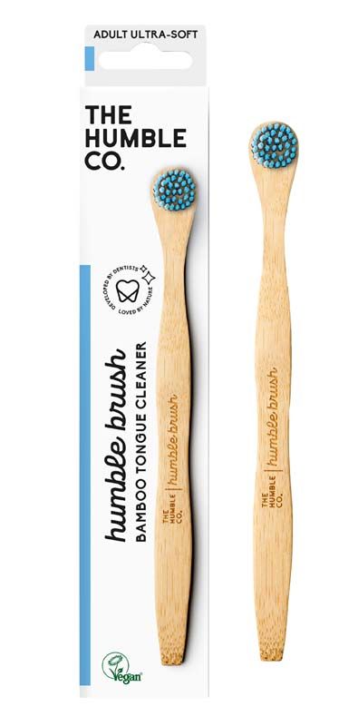 Bambus-Zungenreiniger mit blauen Borsten und Verpackung von The Humble Co.