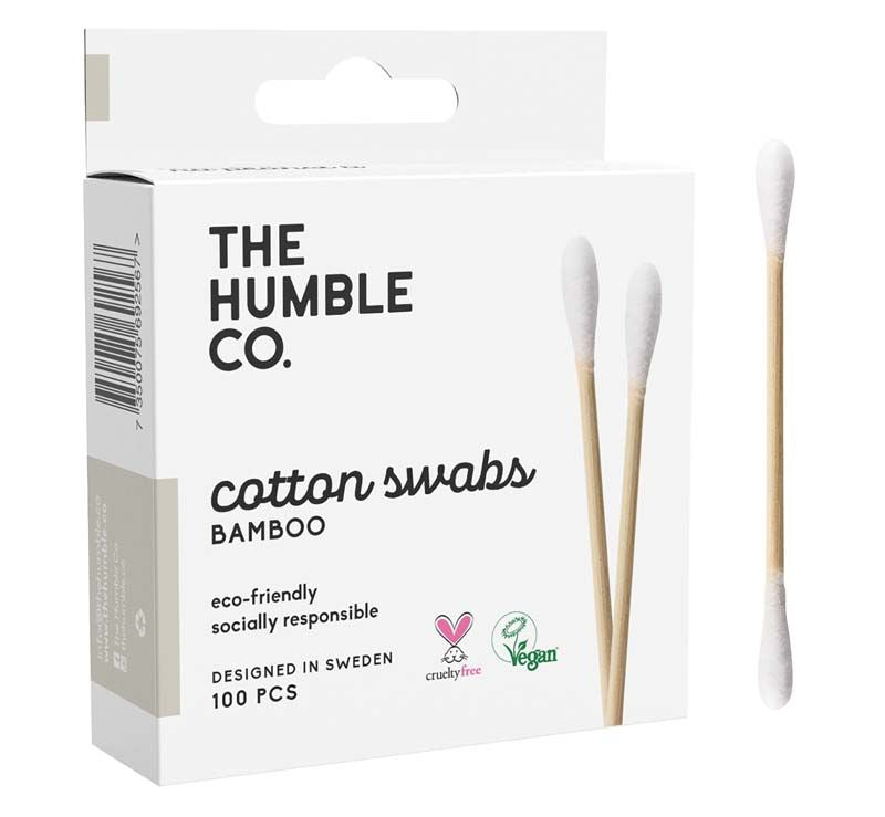 Wattestäbchen aus Bambus in weißer Verpackung mit 100 Stück.
