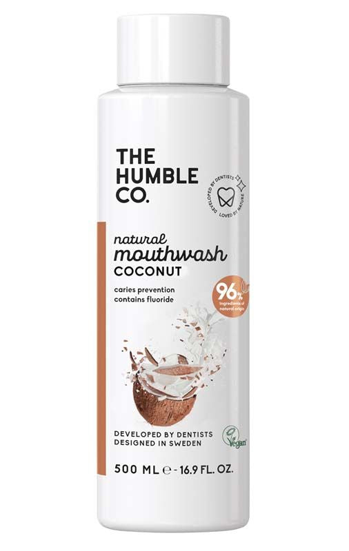 Mundspülung Kokosnuss von The Humble Co. mit Kokosnussabbildung und veganem Logo.