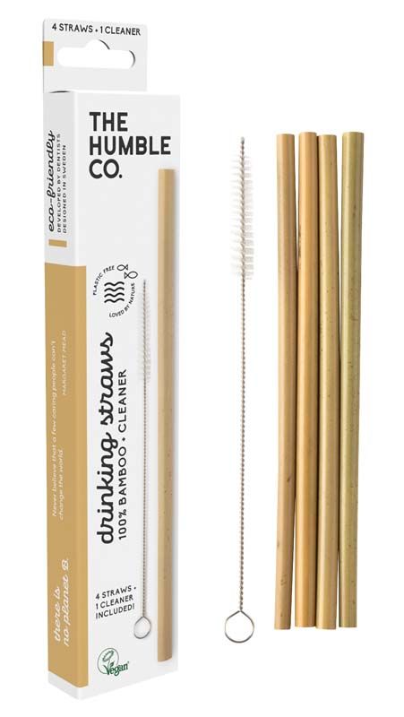 Verpackung mit vier Bambus-Trinkhalmen und Reinigungsbürste.