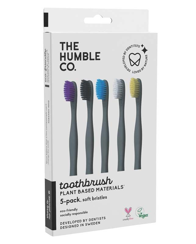 Verpackung der Humble pflanzenbasierten Zahnbürsten, fünf Stück mit bunten Borsten.
