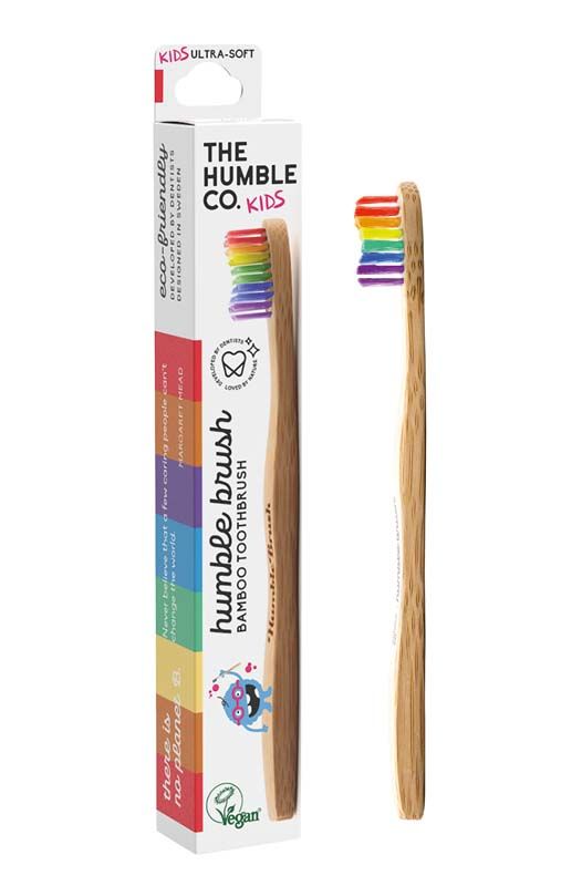 Bambuszahnbürste für Kinder mit regenbogenfarbenen Borsten und Verpackung.