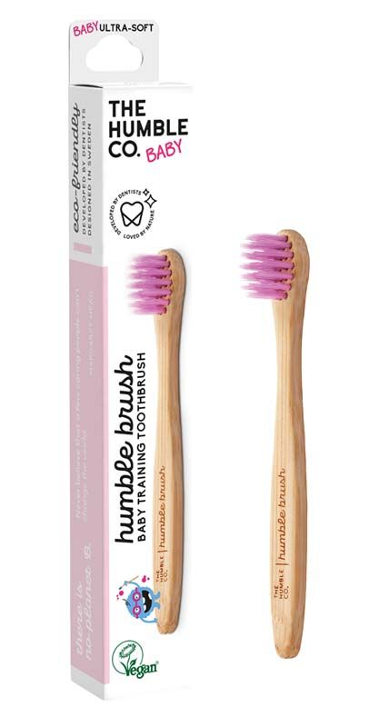 Humble Brush Baby Zahnbürste mit lila Ultrasoft-Borsten und Verpackung.