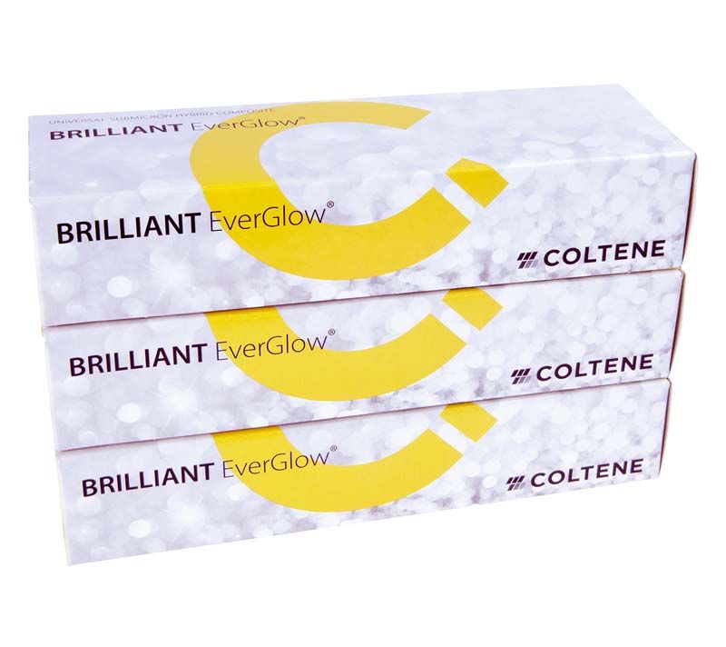 Drei gestapelte BRILLIANT EverGlow® 3x3g Spritzenpackungen mit gelbem Logo.