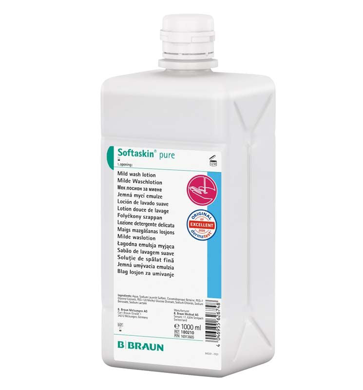 Softaskin pure Faltflasche 1l mit Beschriftung und Original-Emblem.