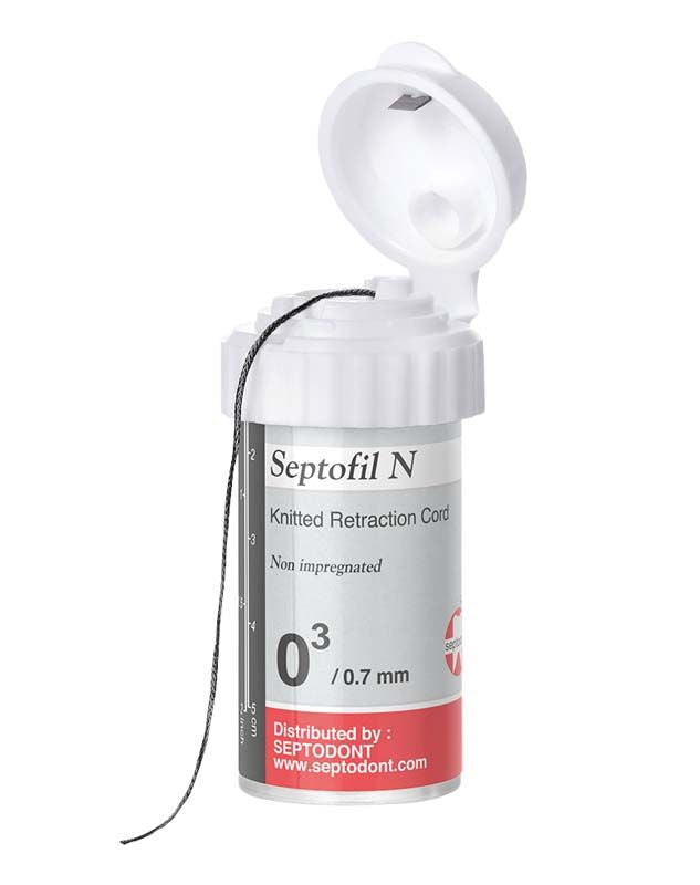 Septofil N 03 schwarz dünn in geöffneter Verpackung mit Fadenansicht.
