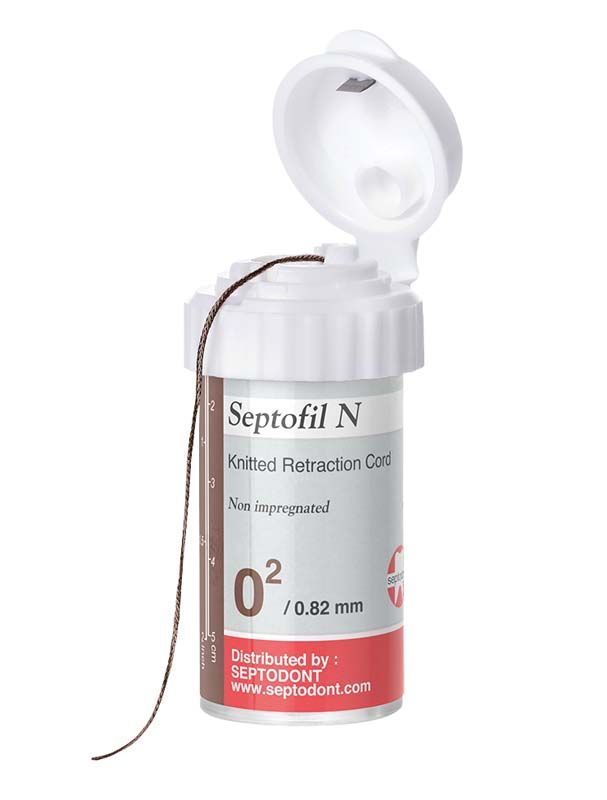 Septofil N 02 braun mittel Zahnfleisch-Retraktionsfaden in geöffneter Spenderdose.