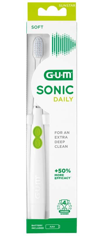GUM® SONIC DAILY Schallzahnbürste weiß in Originalverpackung mit Produktschriftzug.