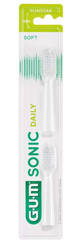 GUM® SONIC DAILY Ersatzbürsten in weißer Verpackung mit grünem Logo.