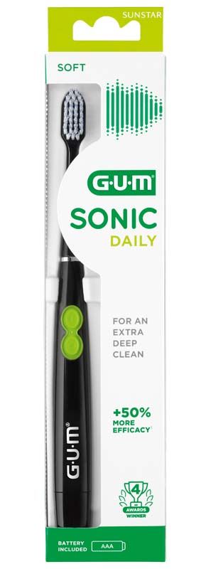 Schwarze GUM® SONIC DAILY Schallzahnbürste in Originalverpackung.
