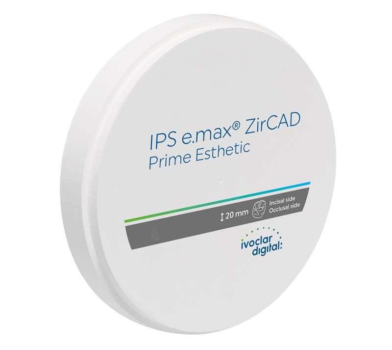 IPS e.max ZirCAD Prime Esthetic 20mm B2 Scheibe in weißer Verpackung.