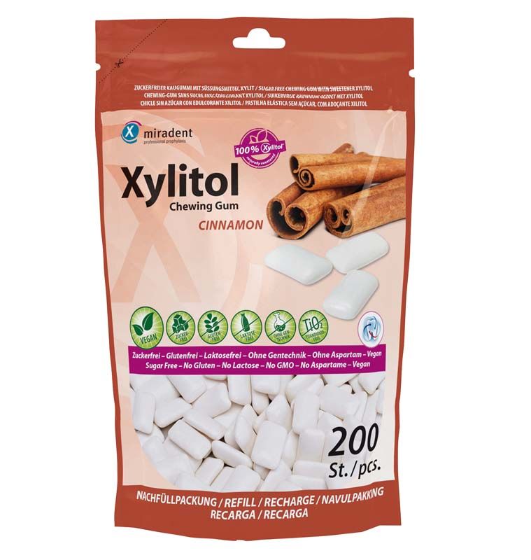Nachfüllpackung Xylitol-Kaugummi Zimt mit Zimtstangen-Abbildung, 200 Stück.