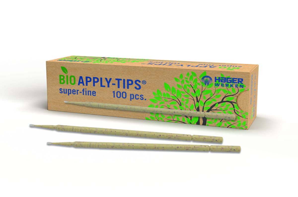 Bio Apply-Tips® gelb superfein 1,5mm vor Verpackung aus Weizen-Kunststoff.