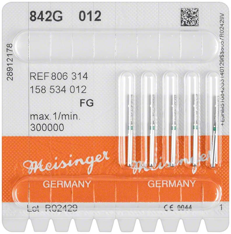 Diamantinstrument FG 842G 012 grün, verpackt in Blisterverpackung.