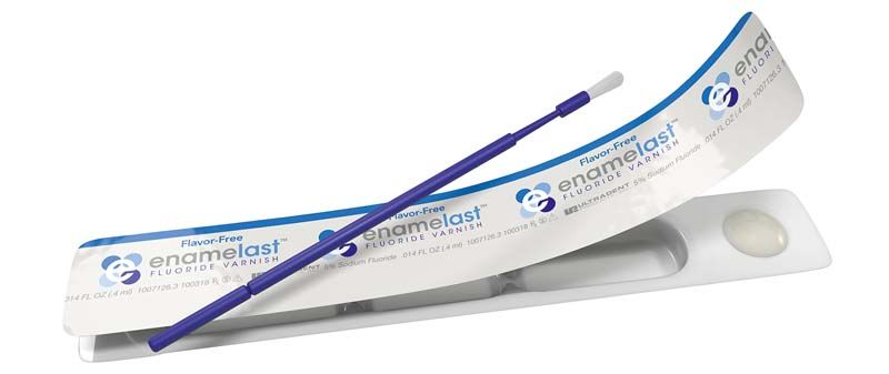 Enamelast® geschmacksneutral Fluoridlack mit Applikator und Einzelverpackung.