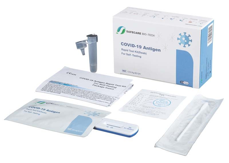 COVID-19 Antigen Schnelltest-Set Safecare, 20er Packung mit Testkassette, Röhrchen und Tupfer.
