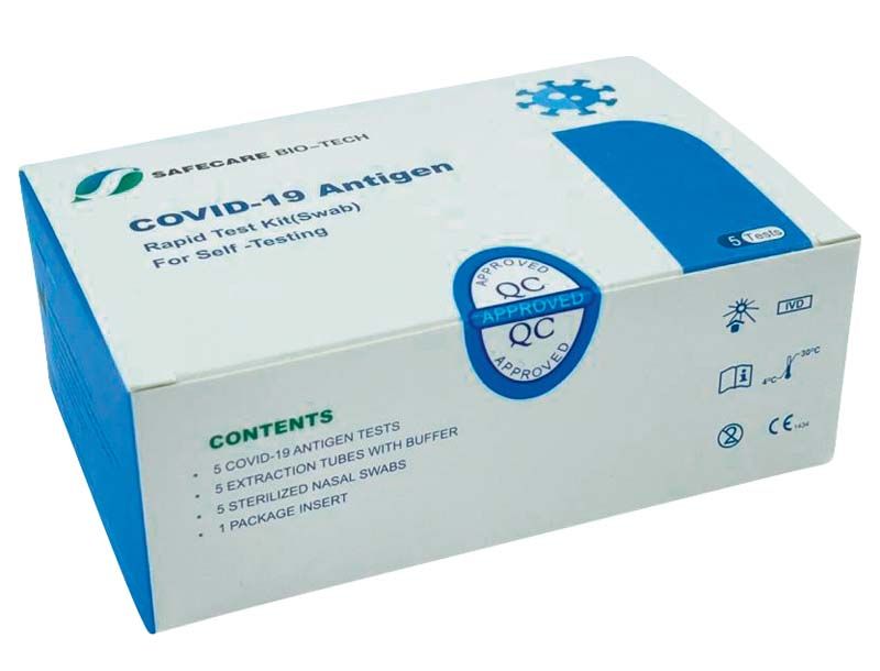 COVID-19 Antigen-Schnelltest-Set Safecare, 20er Packung mit blauer Verpackung und Testdetails.