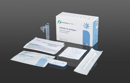 Safecare Antigen Schnelltest-Set mit Verpackung, Testkassette und Zubehör.