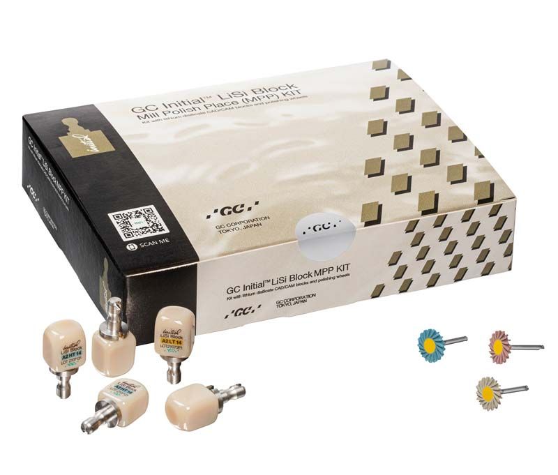 GC Initial™ LiSi Block MPP Kit mit Fräsblöcken und Zubehör.
