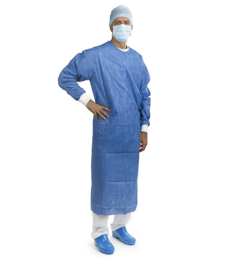 OP-Kittel Expo Mikrofaser Gr. M mit blauen Schuhüberzügen und Haube.