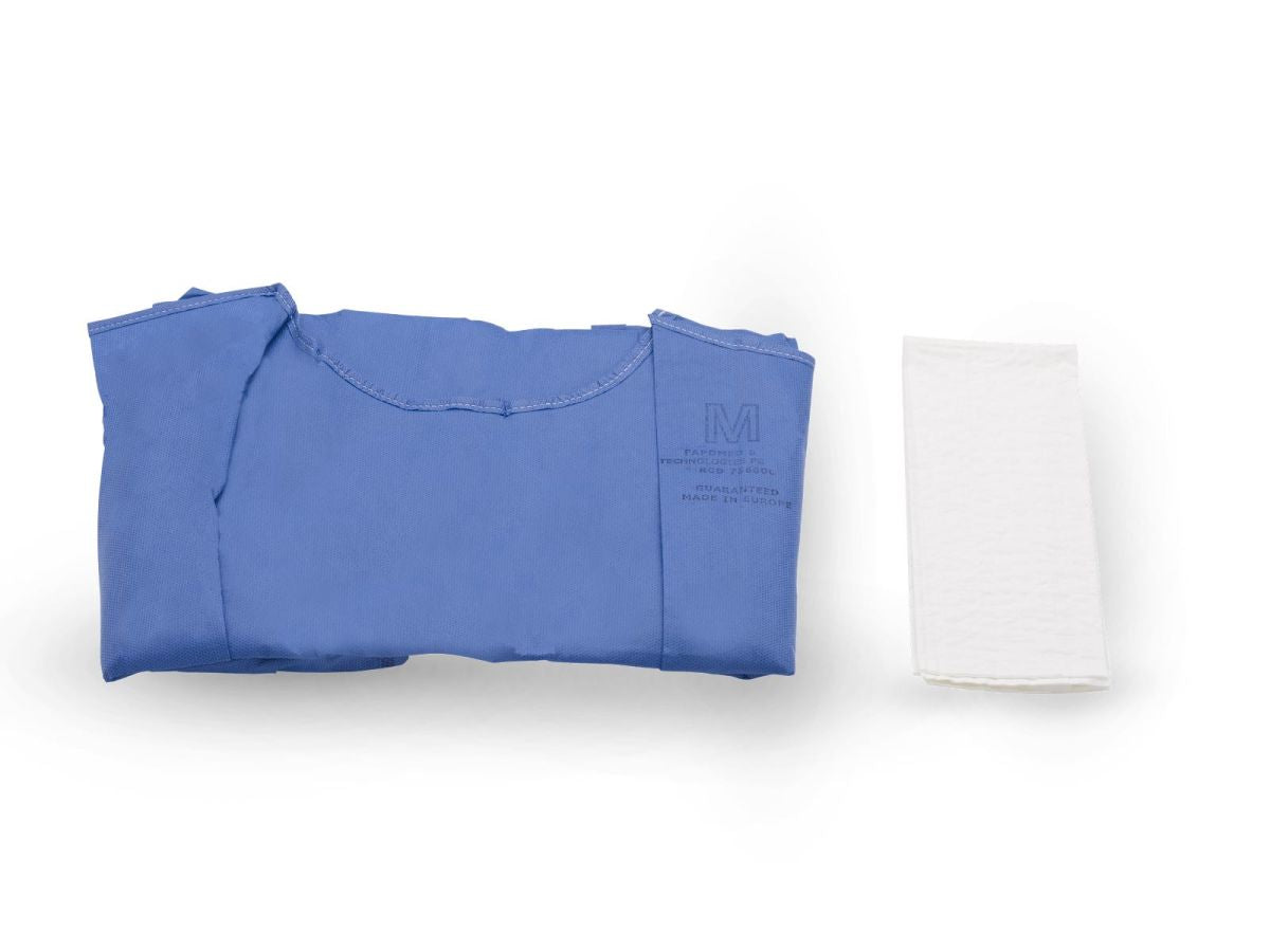 OP-Kittel Expo Mikrofaser Gr. M zusammengefaltet mit beiliegendem Tuch.