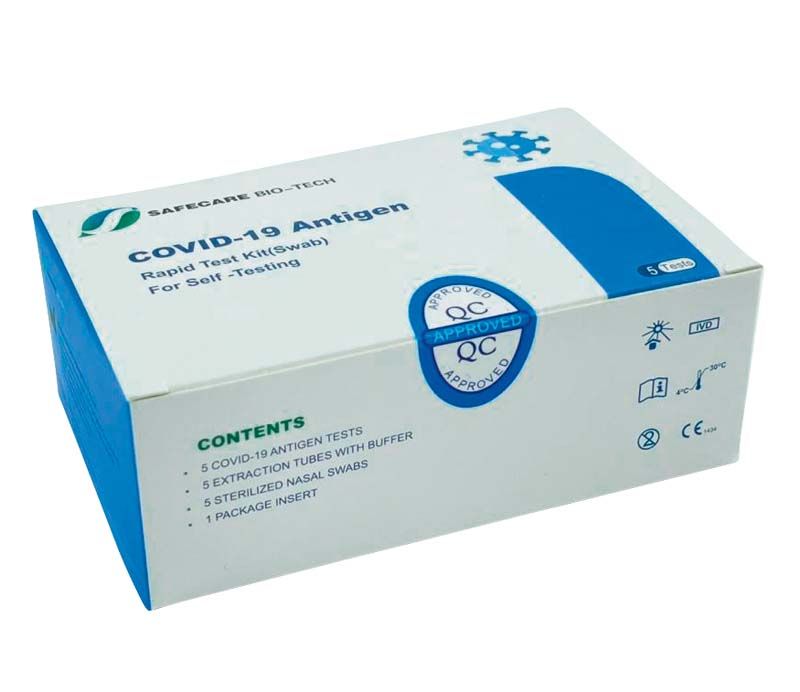 COVID-19 Antigen-Schnelltest-Packung mit QC-Gütesiegel und Inhaltsangaben.