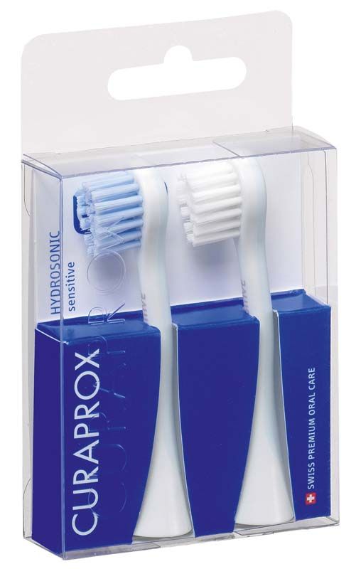 CURAPROX Hydrosonic Pro Bürstenköpfe sensitiv, Nahaufnahme von drei Bürstenköpfen in Verpackung.