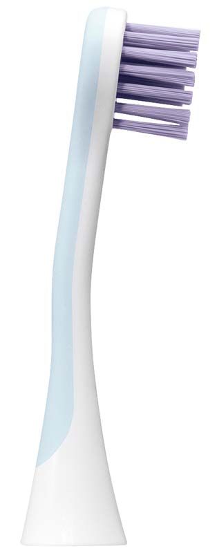 Weißer CURAPROX Hydrosonic Pro Bürstenkopf mit lila Borsten in Nahaufnahme.