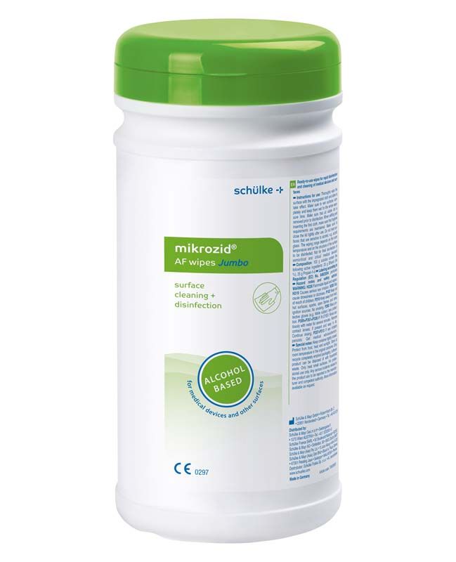 Desinfektionstücher Mikrozid AF wipes Jumbo Dose mit grünem Deckel.
