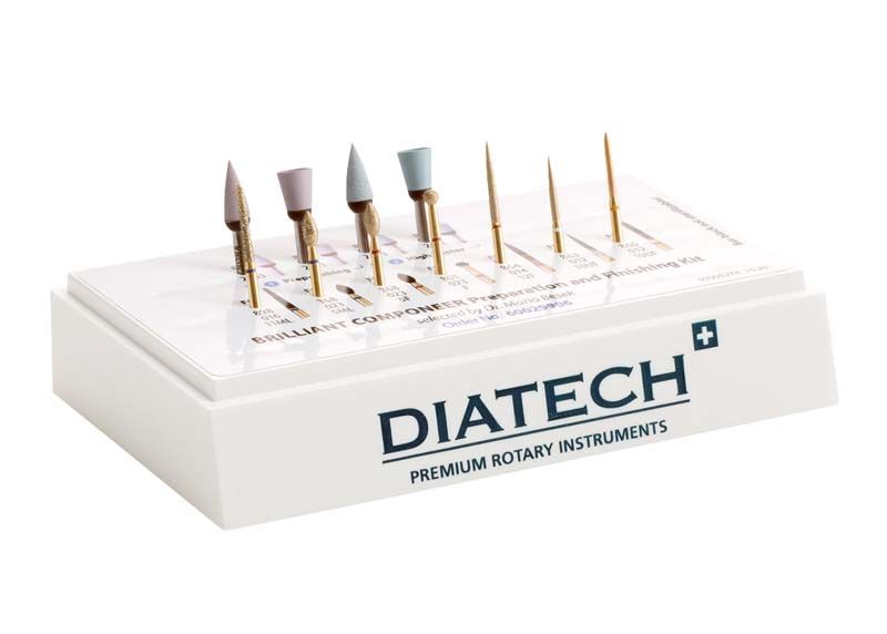 Brillant Componeer Vorbereitungs- und Finishing-Kit mit rotierenden Instrumenten auf Ständer.