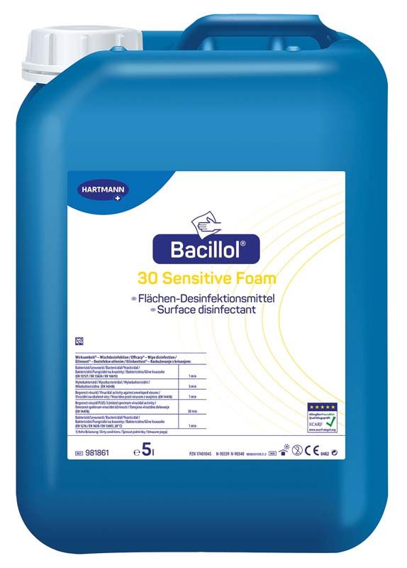 Bacillol 30 Sensitive Foam 5L Kanister mit Produktetikett und Desinfektionshinweisen.