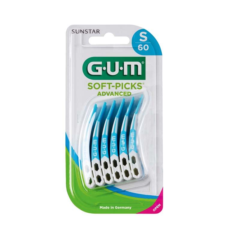 GUM® SOFT-PICKS® ADVANCED Small in Blisterverpackung mit fünf blauen Bürsten.