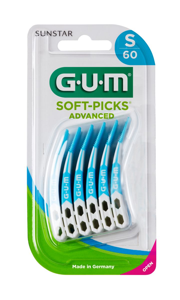 GUM® SOFT-PICKS® ADVANCED Small, 60er Blisterverpackung mit fünf blauen Bürsten.