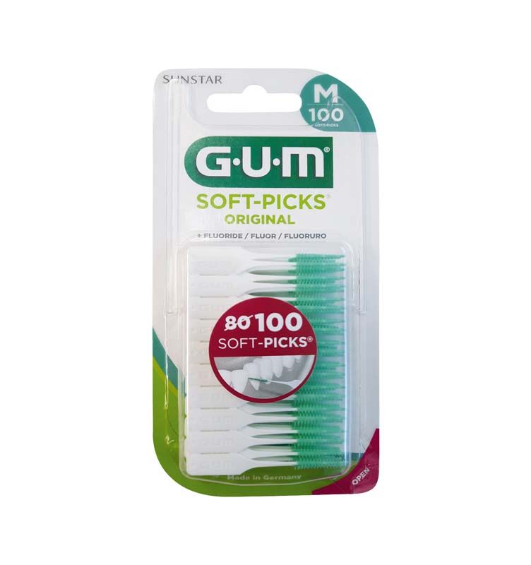 GUM SOFT-PICKS ORIGINAL 100er Blister mit grünen Gummiborsten in Verpackung.