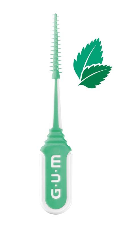 GUM® SOFT-PICKS® COMFORT FLEX Mint mit grünem Griff und Minzblatt-Symbol.