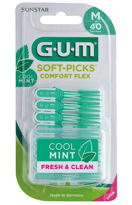 GUM® SOFT-PICKS® COMFORT FLEX Mint 40er Blister mit grünem Griff und Minzsymbol.