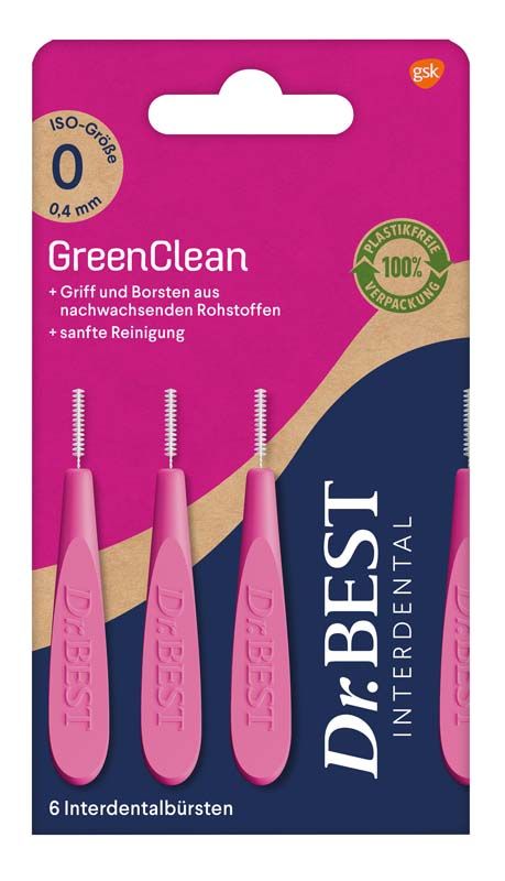 Dr.BEST Interdental GreenClean 6er Blisterpackung mit pinken Griffen und ISO-Größe 0.