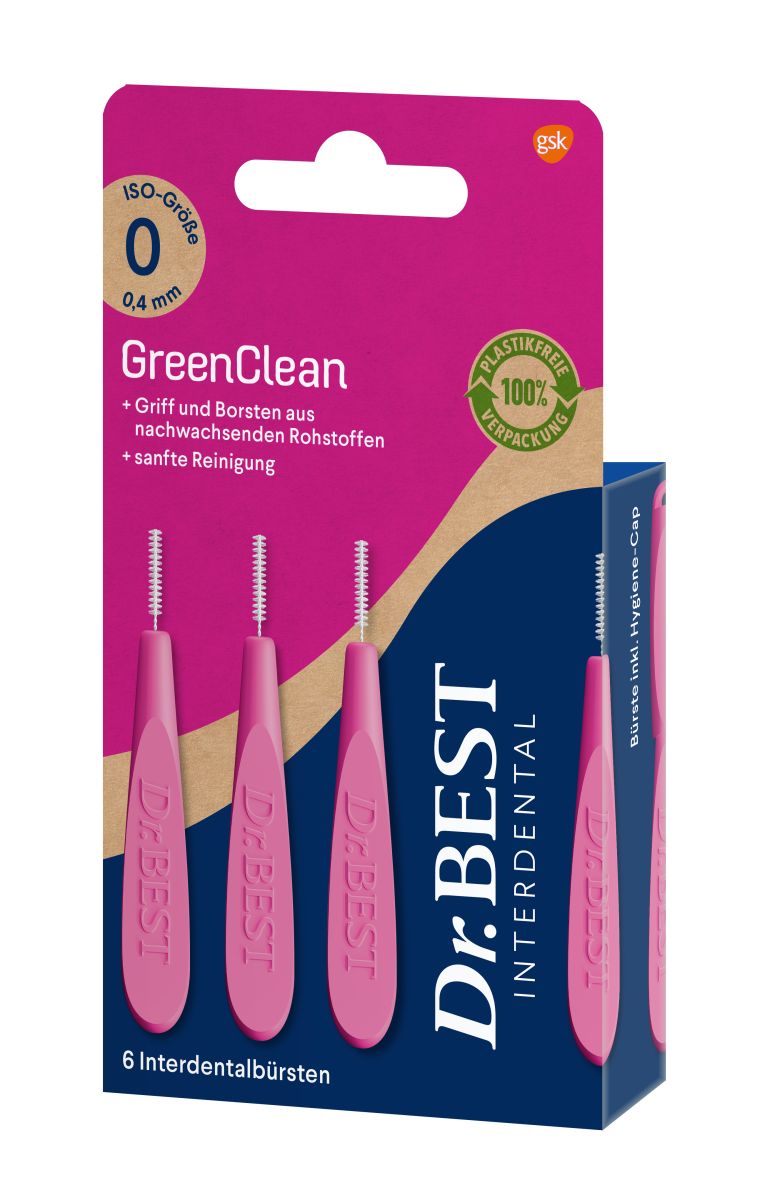 Dr.BEST Interdental GreenClean 6er Packung mit ergonomischem Griff und weichen Borsten.