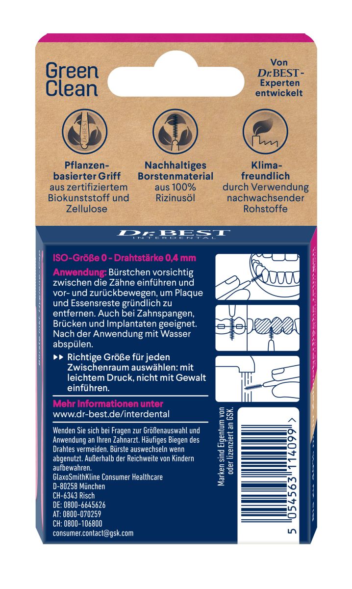 Rückseite der Dr.BEST Interdental GreenClean Verpackung mit Produktinformationen.